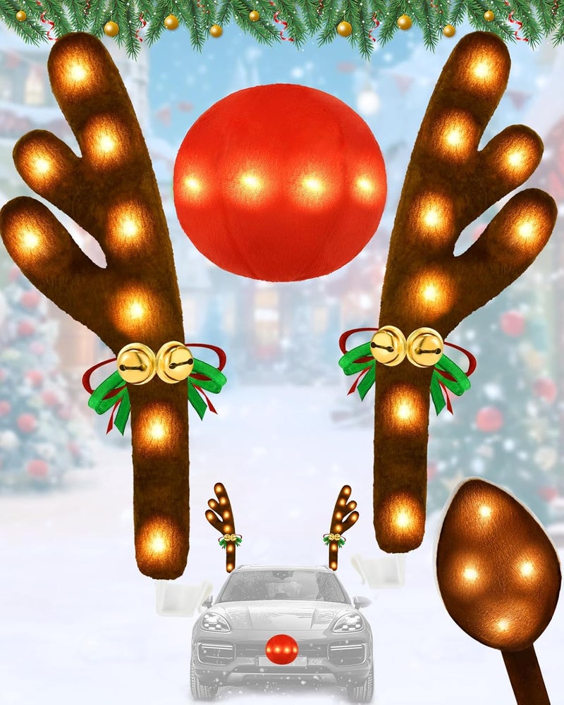 Dergo Christmas Reindeer Antlers Car Decoration Kit, LED Lights Nose Vehicle with Jingle Bells Rudolph, Auto Holiday Accessories for SUV Van Truck Decor Warm White - Image 1